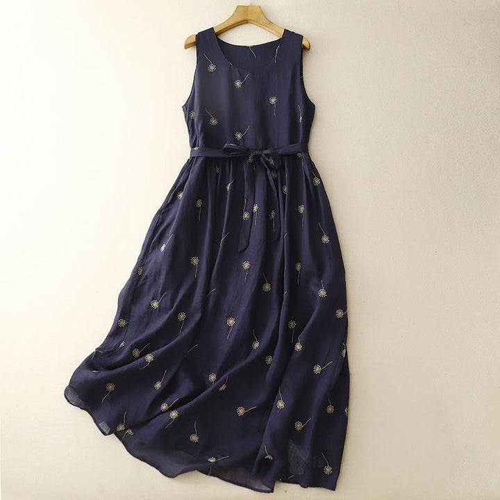 Buddha Stones MidnightBlue Printing Lace-Up Design Sleeveless Cotton Midi Dress With Pockets - MidnightBlue - US8-10，UK/AU12-14，EU40-42 (2XL) - image 0