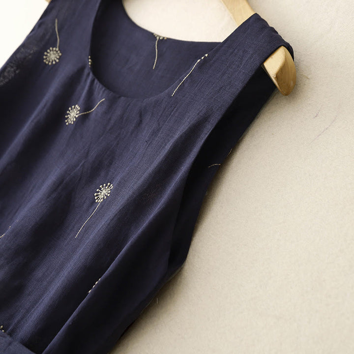 Buddha Stones MidnightBlue Printing Lace-Up Design Sleeveless Cotton Midi Dress With Pockets - image 4