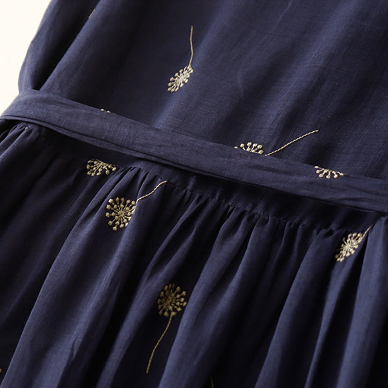 Buddha Stones MidnightBlue Printing Lace-Up Design Sleeveless Cotton Midi Dress With Pockets - image 6