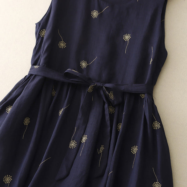 Buddha Stones MidnightBlue Printing Lace-Up Design Sleeveless Cotton Midi Dress With Pockets - image 8