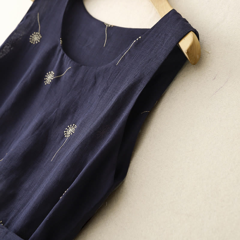 Buddha Stones MidnightBlue Printing Lace-Up Design Sleeveless Cotton Midi Dress With Pockets - image 3