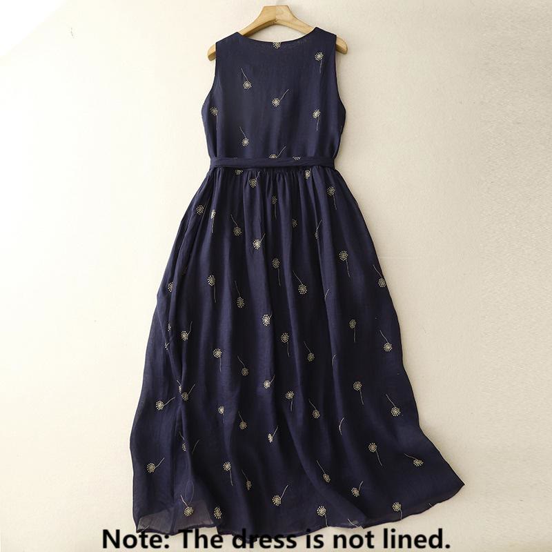 Buddha Stones MidnightBlue Printing Lace-Up Design Sleeveless Cotton Midi Dress With Pockets - image 1