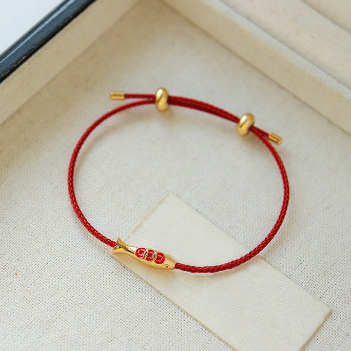 Buddha Stones Brass Koi Fish Red String Wealth Bracelet