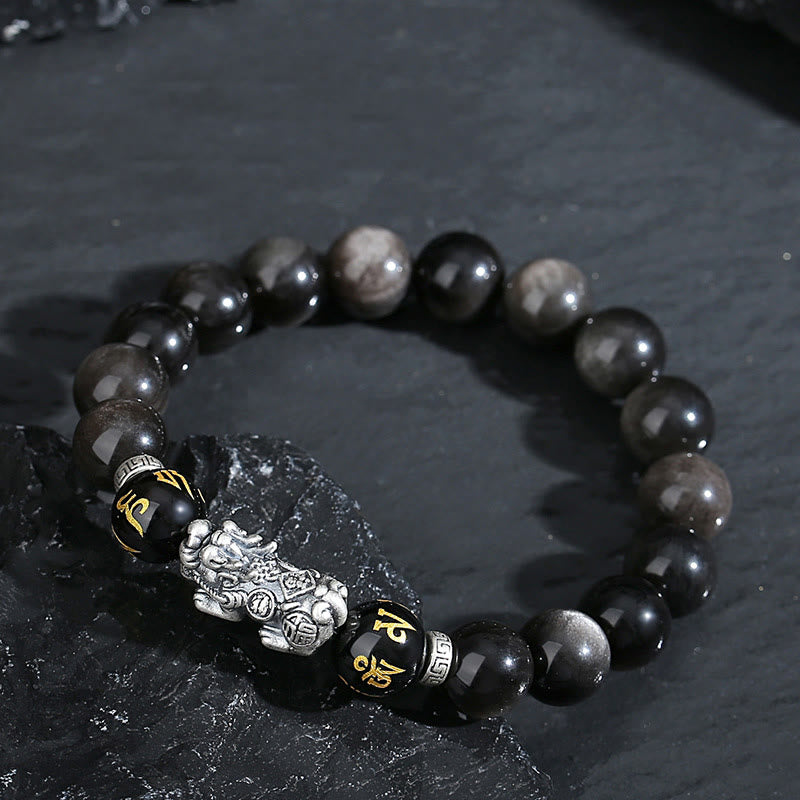 Buddha Stones 999 Sterling Silver PiXiu Natural Black Obsidian Strength Bracelet