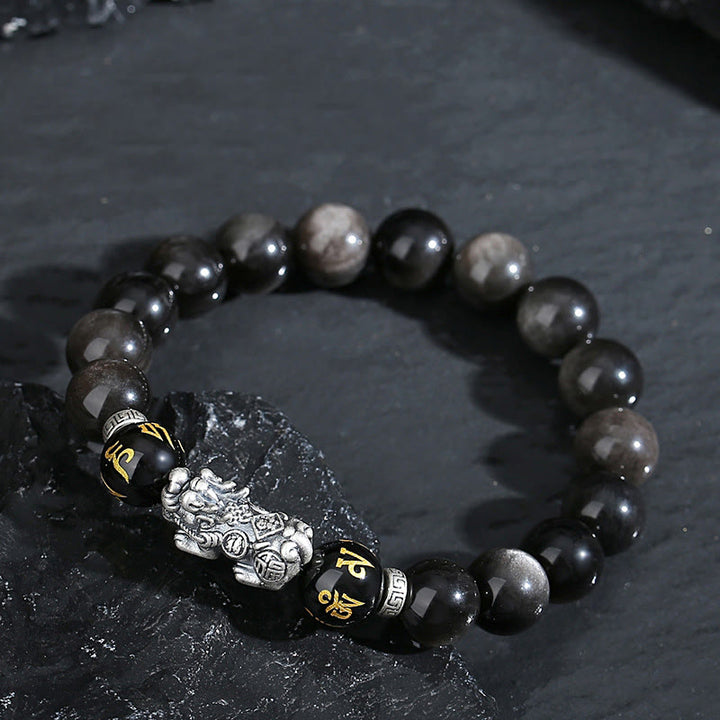 Buddha Stones 999 Sterling Silver PiXiu Natural Black Obsidian Strength Bracelet