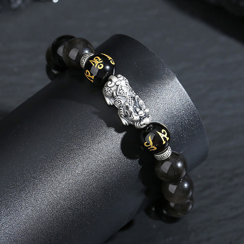 Buddha Stones 999 Sterling Silver PiXiu Natural Black Obsidian Strength Bracelet