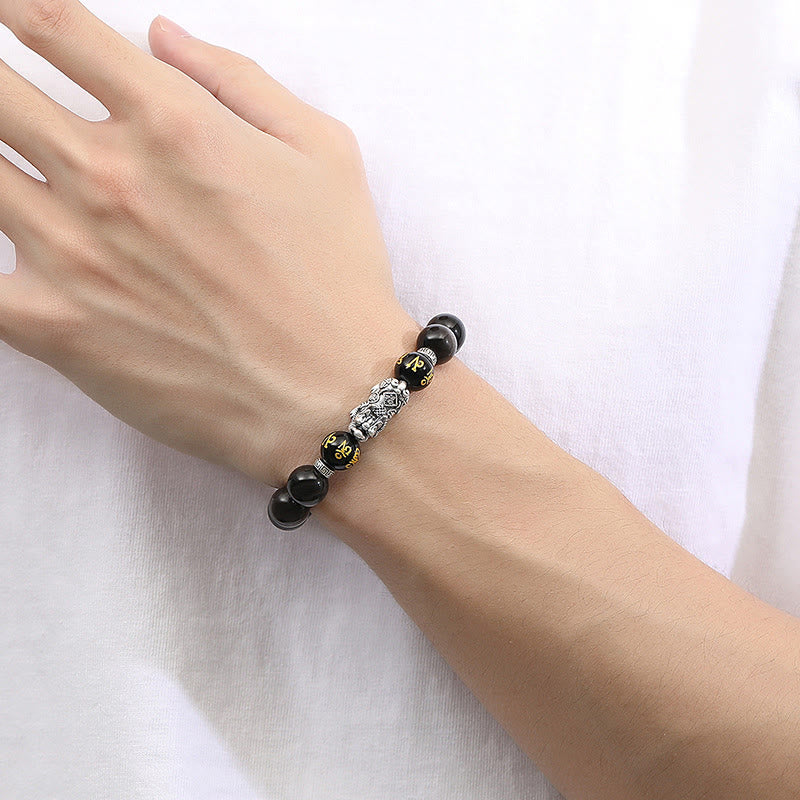 Buddha Stones 999 Sterling Silver PiXiu Natural Black Obsidian Strength Bracelet