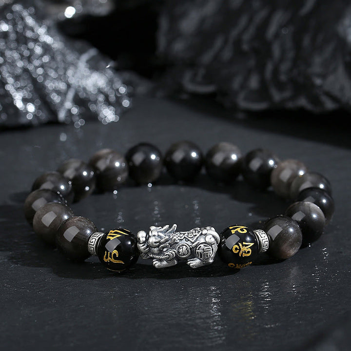 Buddha Stones 999 Sterling Silver PiXiu Natural Black Obsidian Strength Bracelet