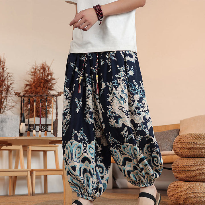 Buddha Stones Dragon Print Cotton Men's Harem Ankle-Length Pants With Pockets
