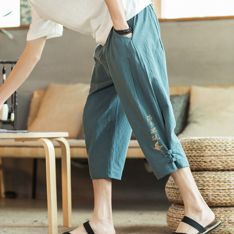 Buddha Stones Crane Embroidery Cotton Men's Cropped Harem Pants With Pockets - CadetBlue - US/UK/AU46，EU56 (5XL) - image 0