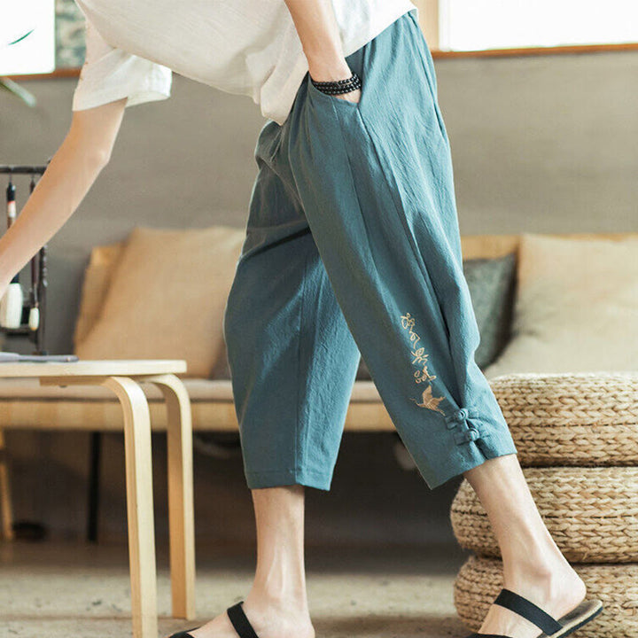 Buddha Stones Crane Embroidery Cotton Men's Cropped Harem Pants With Pockets