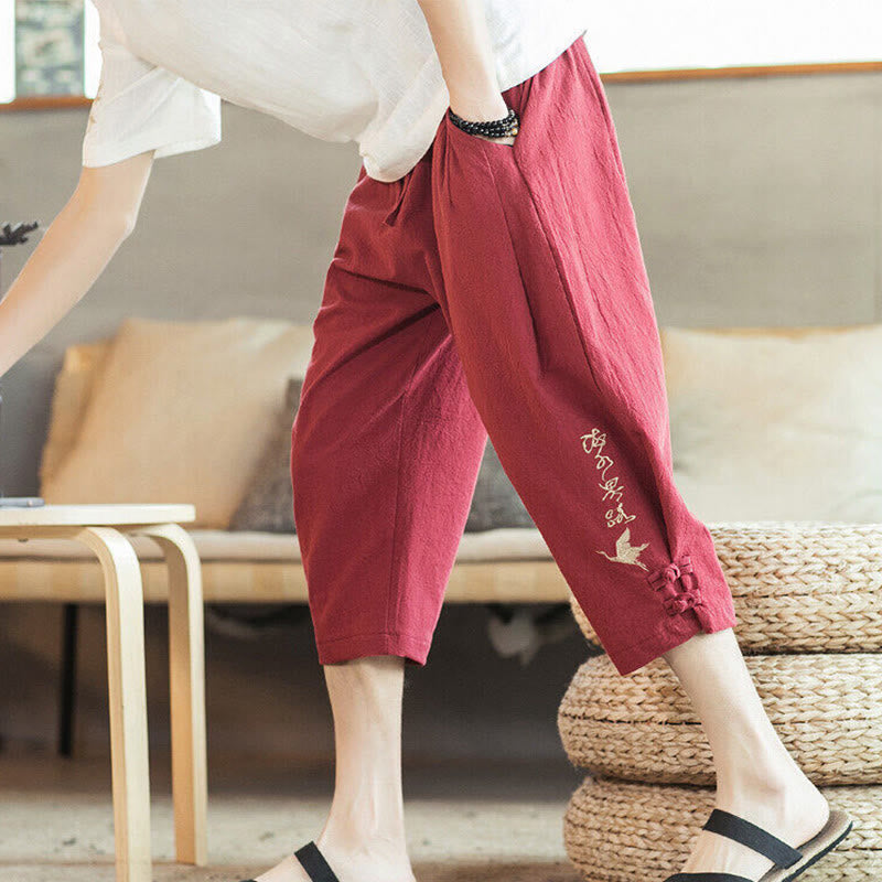 Buddha Stones Crane Embroidery Cotton Men's Cropped Harem Pants With Pockets