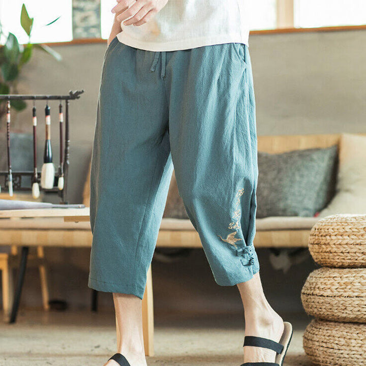 Buddha Stones Crane Embroidery Cotton Men's Cropped Harem Pants With Pockets
