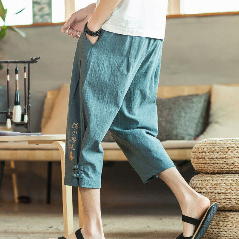 Buddha Stones Crane Embroidery Cotton Men's Cropped Harem Pants With Pockets - image 3