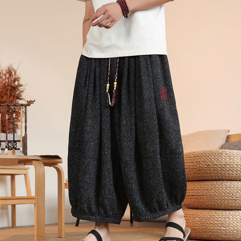 Buddha Stones Summer Characters Embroidery Drawstring Men's Cropped Ankle-Length Harem Pants With Pockets - Black - US/UK/AU46，EU56 (5XL) - image 13