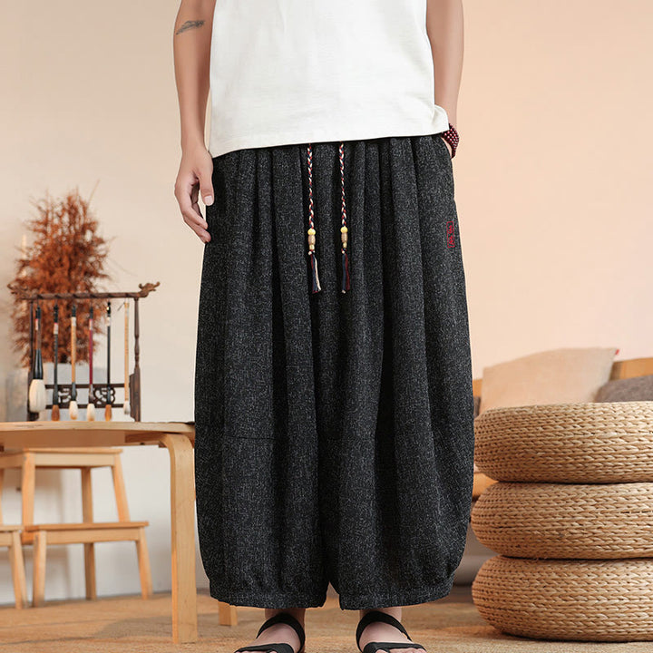 Buddha Stones Summer Characters Embroidery Drawstring Men's Cropped Ankle-Length Harem Pants With Pockets - image 14