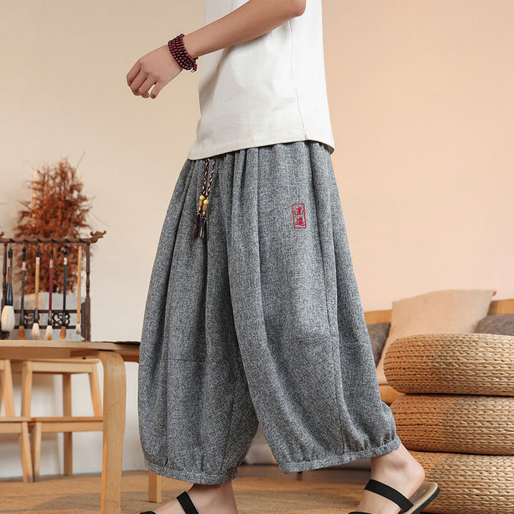 Buddha Stones Summer Characters Embroidery Drawstring Men's Cropped Ankle-Length Harem Pants With Pockets - Gray - US/UK/AU46，EU56 (5XL) - image 0