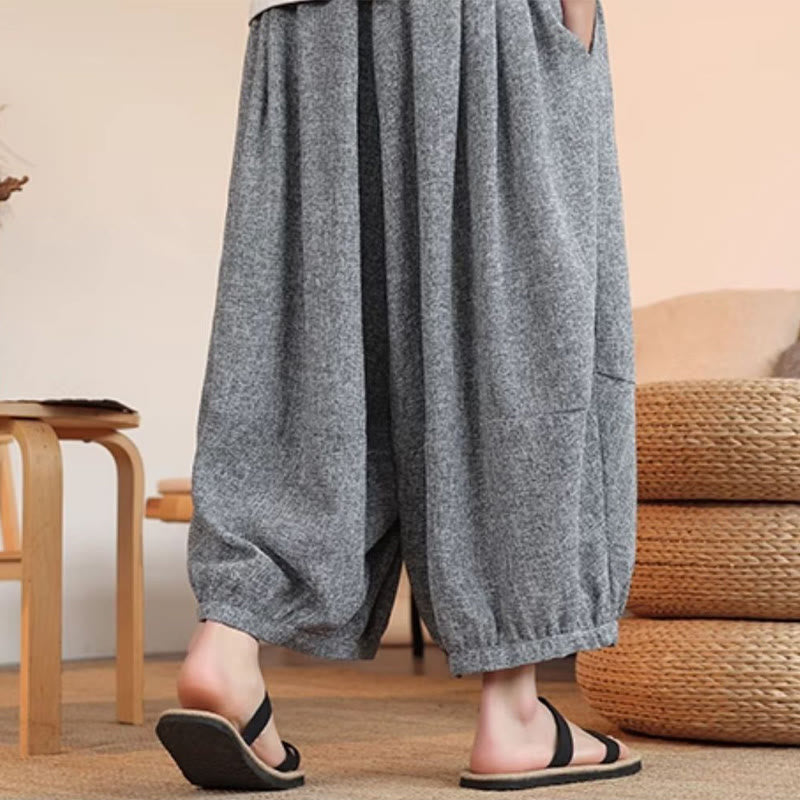 Buddha Stones Summer Characters Embroidery Drawstring Men's Cropped Ankle-Length Harem Pants With Pockets - image 4