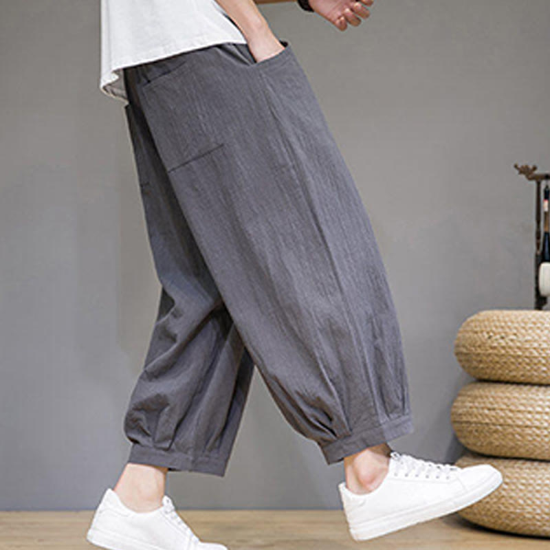 Buddha Stones Simple Cotton Men's Cropped Capri Harem Pants With Pockets