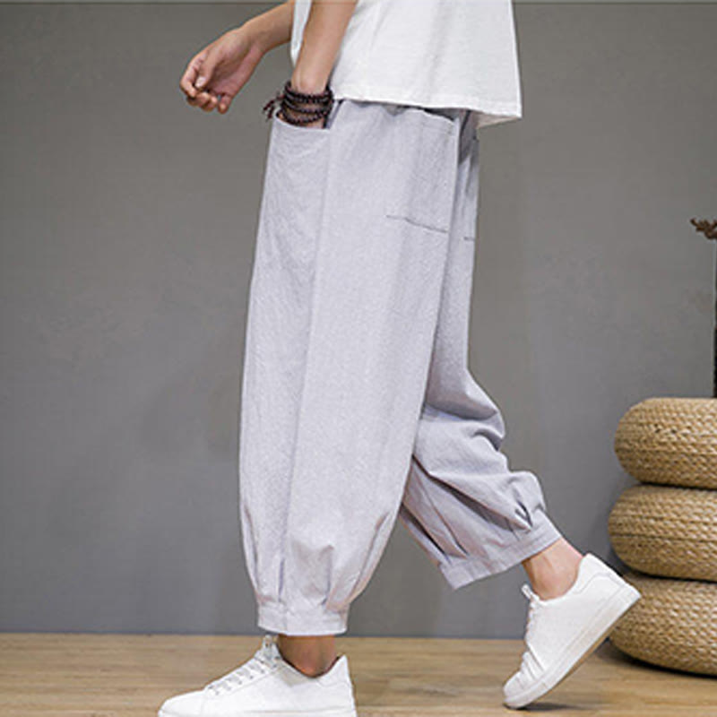 Buddha Stones Simple Cotton Men's Cropped Capri Harem Pants With Pockets - image 14