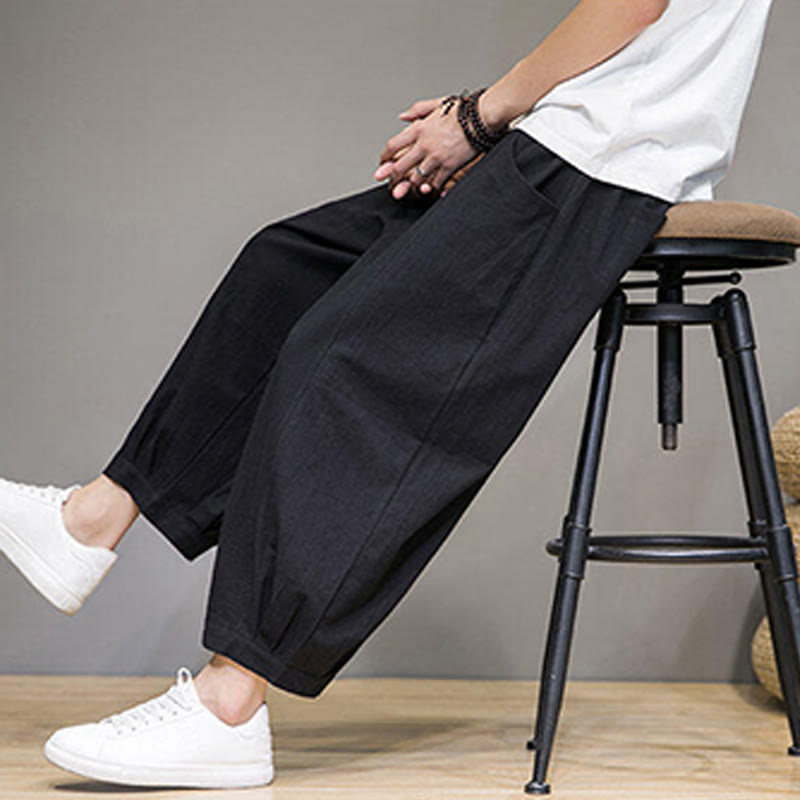 Buddha Stones Simple Cotton Men's Cropped Capri Harem Pants With Pockets - image 25