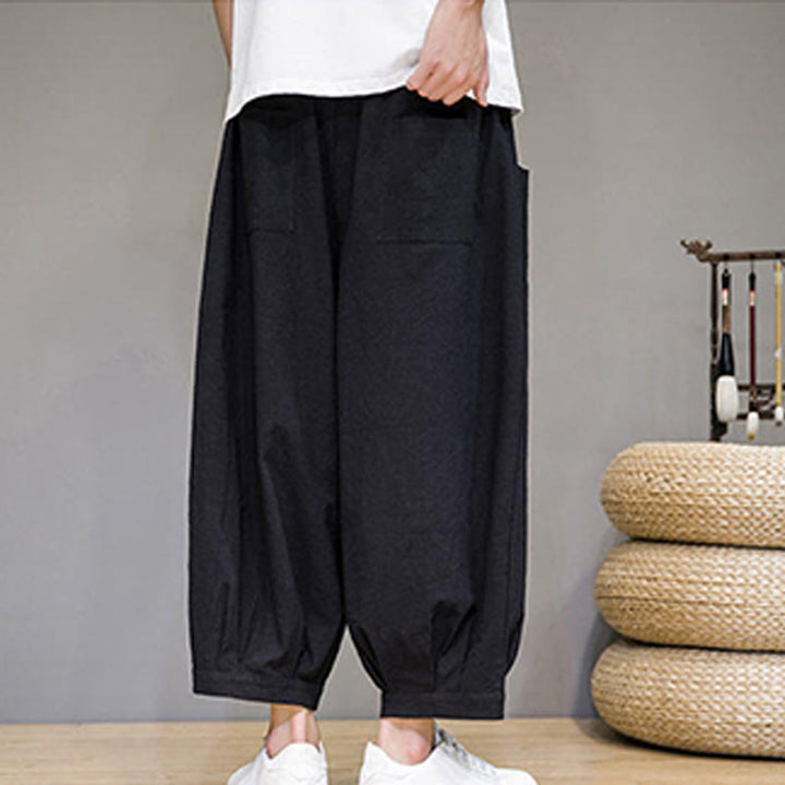 Buddha Stones Simple Cotton Men's Cropped Capri Harem Pants With Pockets