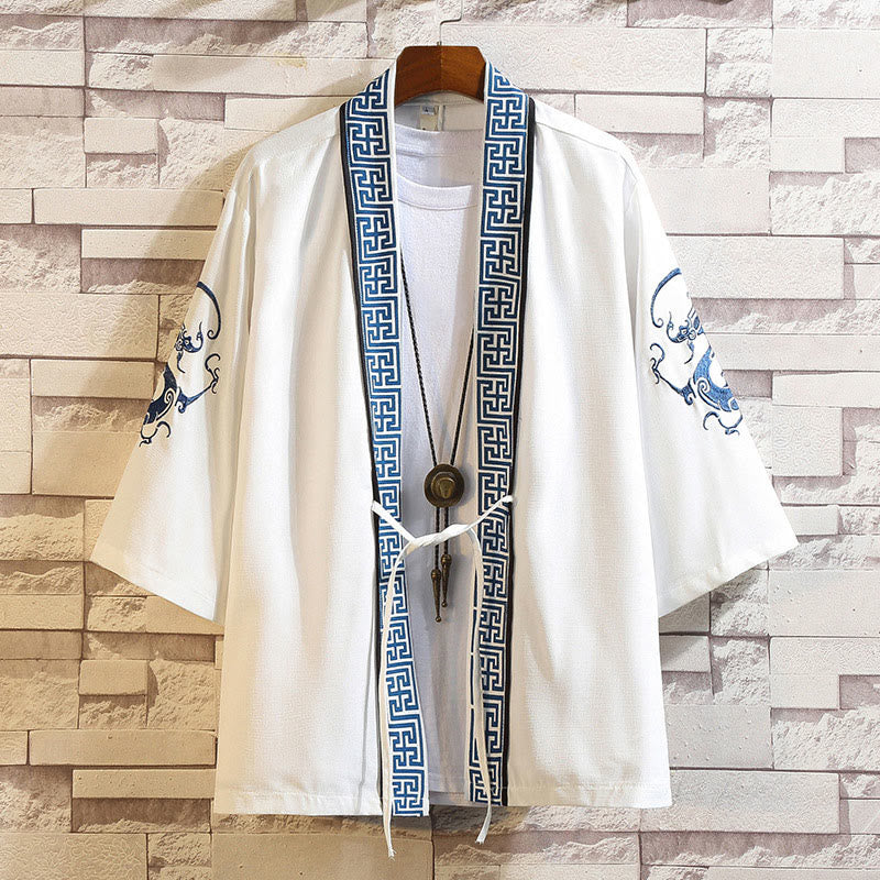 Buddha Stones Embroidery Dragon Phoenix Auspicious Cloud Waves Leaves Cranes Open Front Jacket Men's Kimono - White Dragon Stripes-White - US/UK/AU46，EU56 (5XL) - image 3