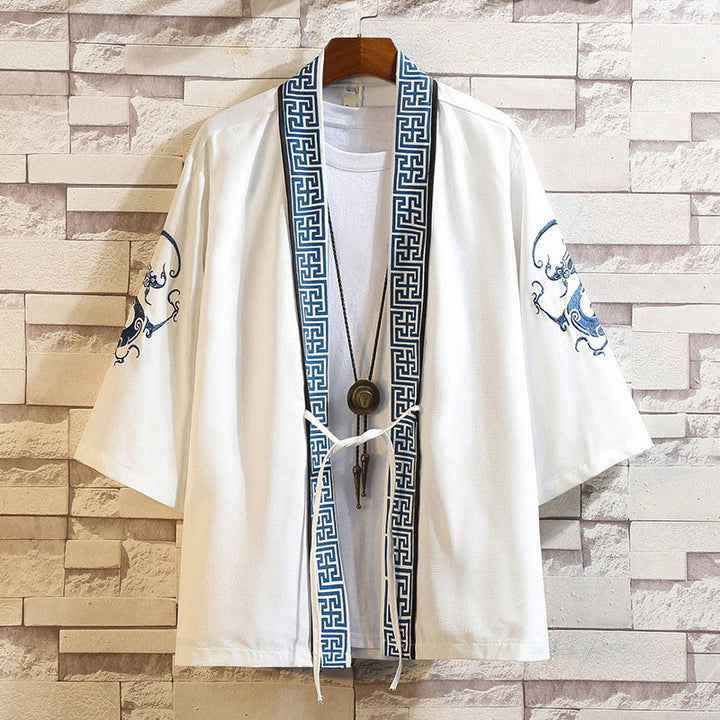 Buddha Stones Embroidery Dragon Phoenix Auspicious Cloud Waves Leaves Cranes Open Front Jacket Men's Kimono - White Dragon Stripes-White - US/UK/AU46，EU56 (5XL) - image 3