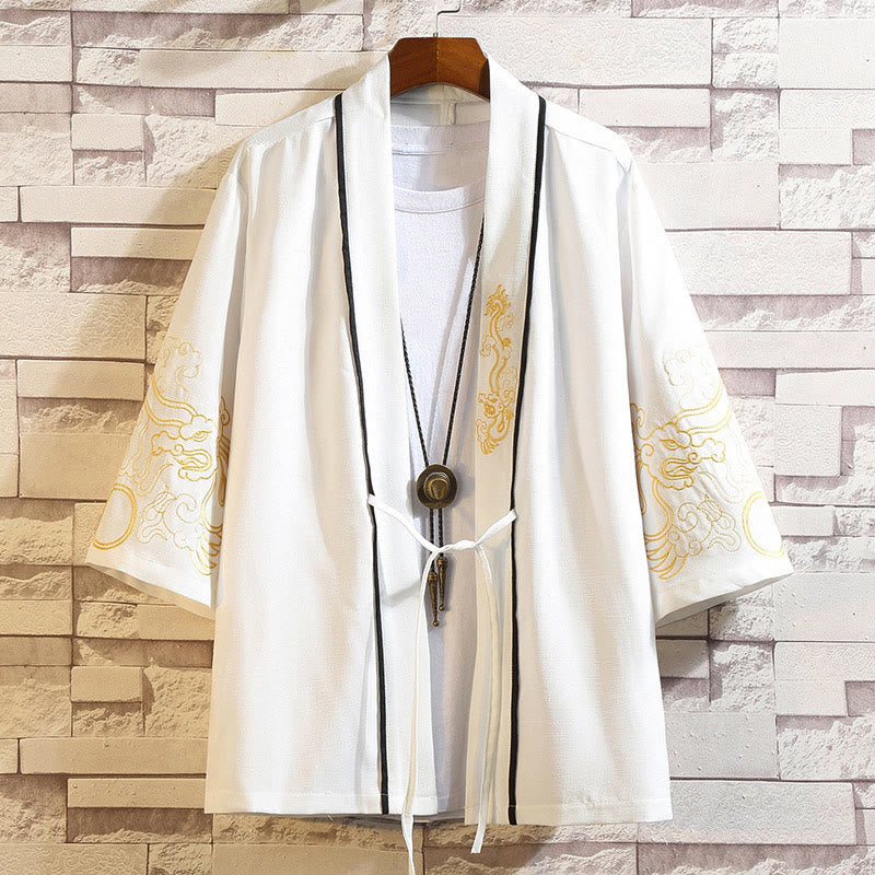 Buddha Stones Embroidery Dragon Phoenix Auspicious Cloud Waves Leaves Cranes Open Front Jacket Men's Kimono - Golden Dragon Auspicious Clouds-White - US/UK/AU46，EU56 (5XL) - image 12