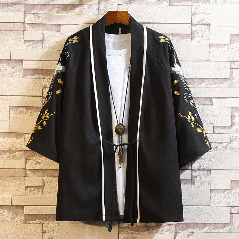 Buddha Stones Embroidery Dragon Phoenix Auspicious Cloud Waves Leaves Cranes Open Front Jacket Men's Kimono - White Crane-Black - US/UK/AU46，EU56 (5XL) - image 41