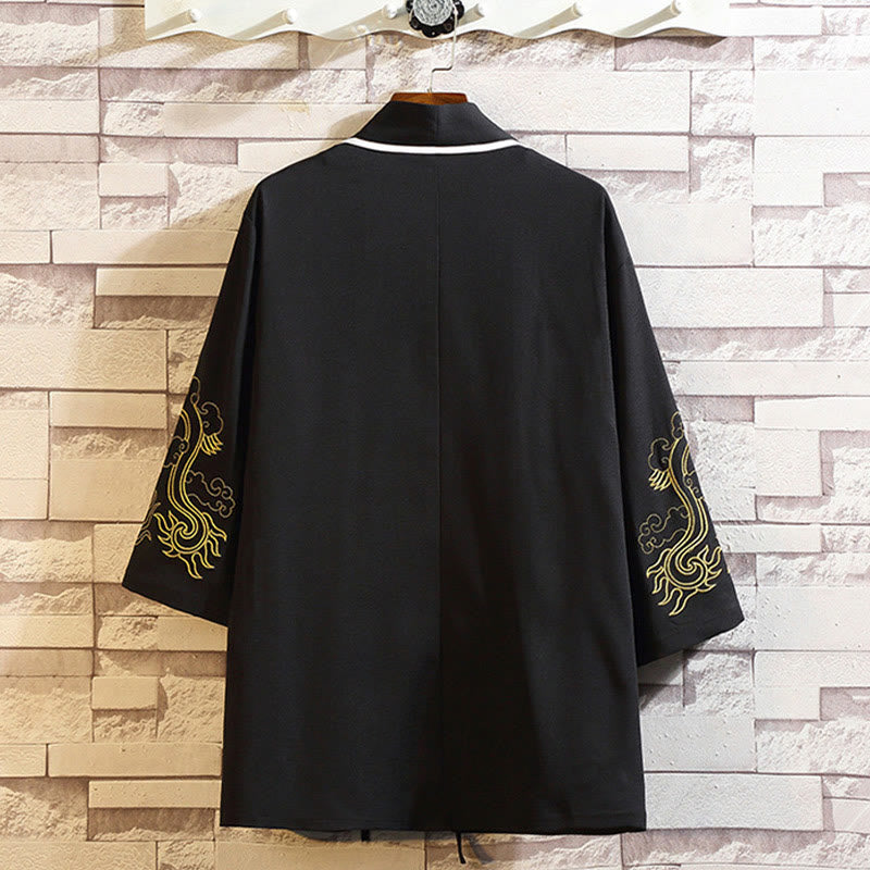 Buddha Stones Embroidery Dragon Phoenix Auspicious Cloud Waves Leaves Cranes Open Front Jacket Men's Kimono - image 11
