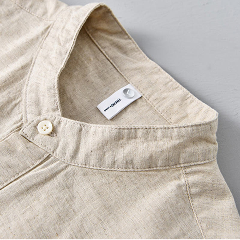 Buddha Stones Summer Solid Color Men's Half Button Short Sleeve Cotton Linen Shirt - image 4