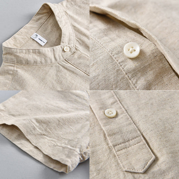 Buddha Stones Summer Solid Color Men's Half Button Short Sleeve Cotton Linen Shirt - image 3