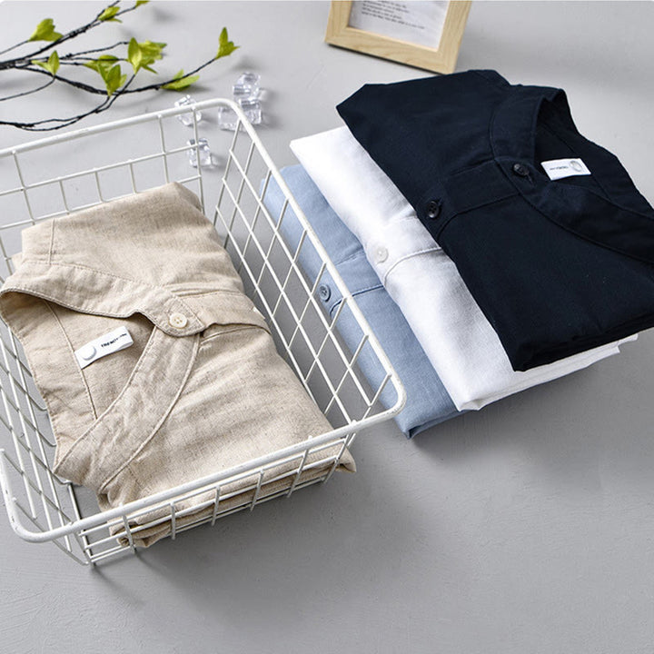 Buddha Stones Summer Solid Color Men's Half Button Short Sleeve Cotton Linen Shirt - image 19