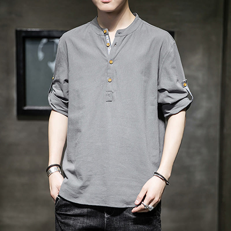 Buddha Stones Summer Solid Men's Half Buttons Half Sleeve Linen Shirt - image 4