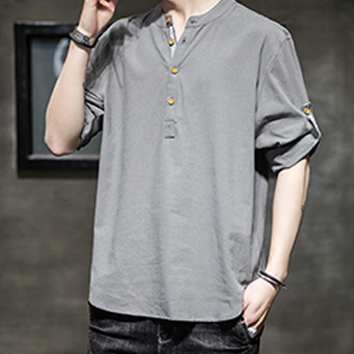 Buddha Stones Summer Solid Men's Half Buttons Half Sleeve Linen Shirt - image 1