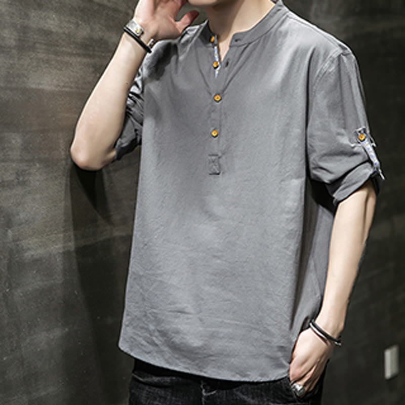 Buddha Stones Summer Solid Men's Half Buttons Half Sleeve Linen Shirt - image 7