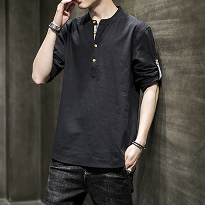 Buddha Stones Summer Solid Men's Half Buttons Half Sleeve Linen Shirt - image 11