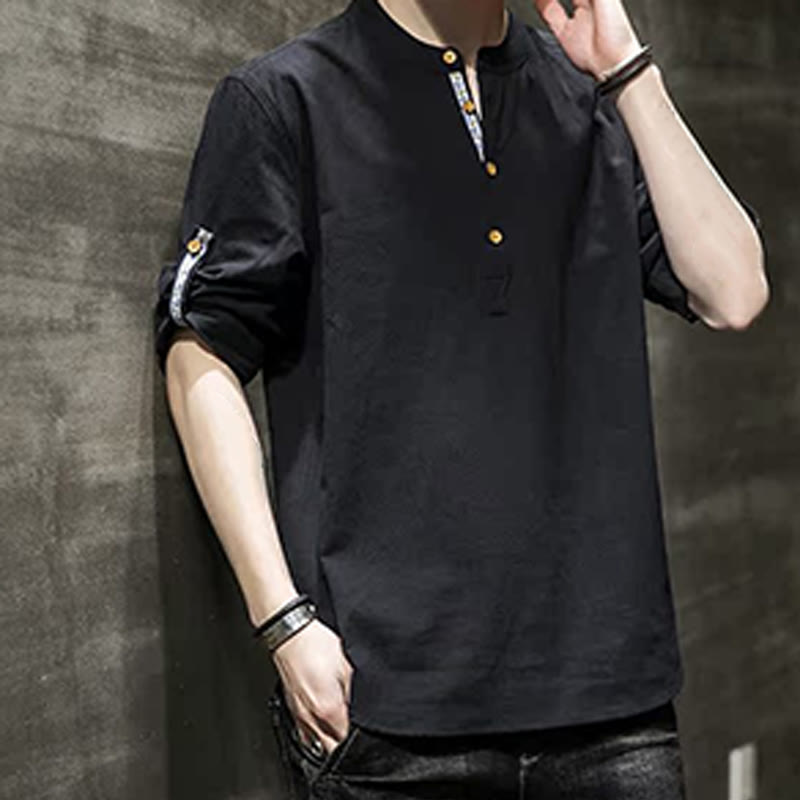 Buddha Stones Summer Solid Men's Half Buttons Half Sleeve Linen Shirt - image 15