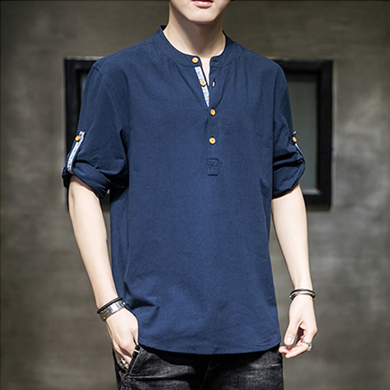 Buddha Stones Summer Solid Men's Half Buttons Half Sleeve Linen Shirt - image 22