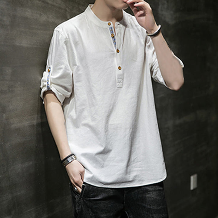 Buddha Stones Summer Solid Men's Half Buttons Half Sleeve Linen Shirt - image 31