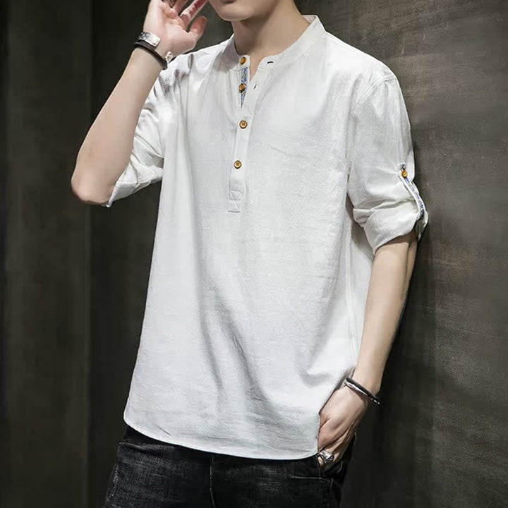 Buddha Stones Summer Solid Men's Half Buttons Half Sleeve Linen Shirt - image 32