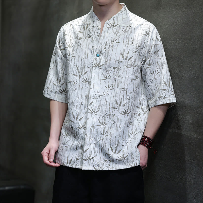 Buddha Stones Summer Golden Bamboo Jacquard Men's Half Sleeve Linen Shirt - White - US/UK/AU46，EU56 (5XL) - image 8