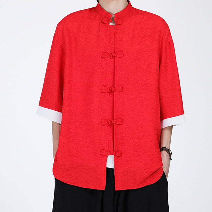 Buddha Stones Plain Tang Suit Frog-Button Design Men's Half Sleeve Shirt - Red - US/UK/AU46，EU56 (5XL) - image 12