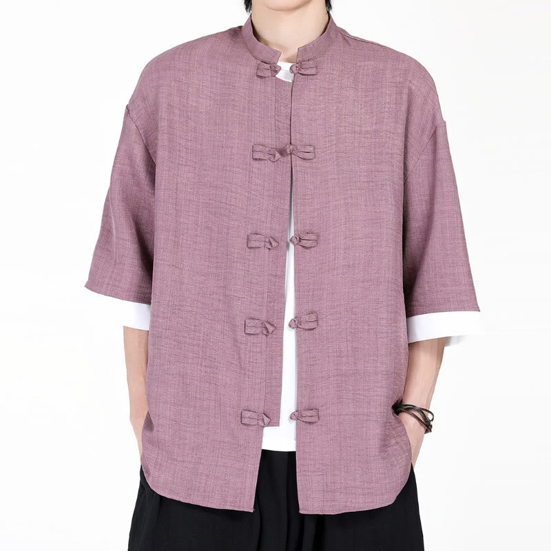 Buddha Stones Plain Tang Suit Frog-Button Design Men's Half Sleeve Shirt