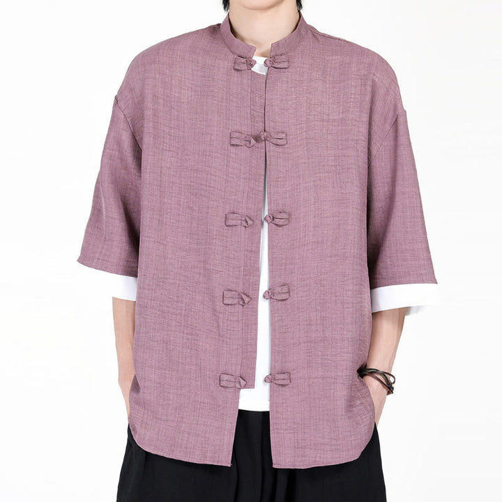 Buddha Stones Plain Tang Suit Frog-Button Design Men's Half Sleeve Shirt