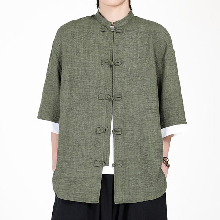 Buddha Stones Plain Tang Suit Frog-Button Design Men's Half Sleeve Shirt