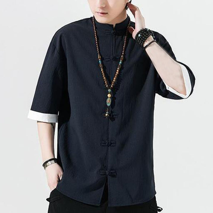 Buddha Stones Plain Tang Suit Frog-Button Design Men's Half Sleeve Shirt