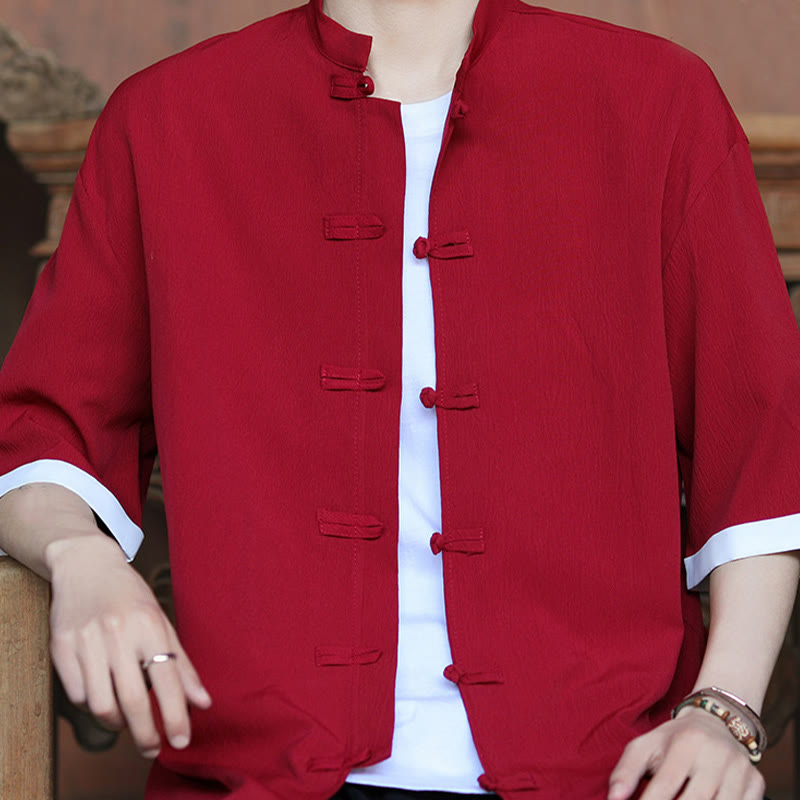 Buddha Stones Plain Tang Suit Frog-Button Design Men's Half Sleeve Shirt - image 14