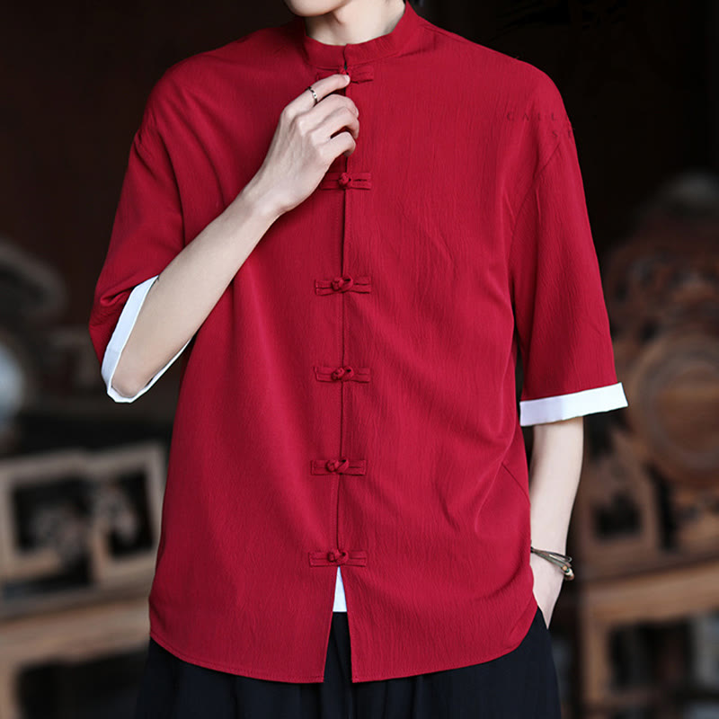 Buddha Stones Plain Tang Suit Frog-Button Design Men's Half Sleeve Shirt - image 19